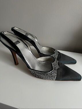 Stuart Weitzman Black Satin Pointed Slingback Heels with Crystal Trim
